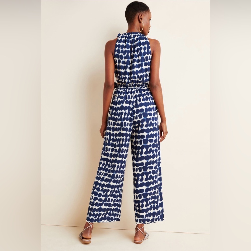 Beachgold Anthropologie Vickie Ruffled Jumpsuit Indigo Tie Dye Sz S Wide Leg - Picture 2 of 7